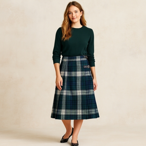 Mosbrook Dresses & Skirts - Mosbrook vintage pure wool skirt green tartin plaid Green Navy White